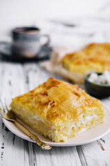 Cottage cheese casserole on white plate