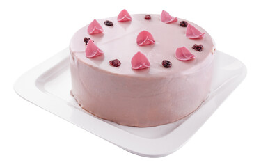 Pretty pink cake decorated with icing sugar roses