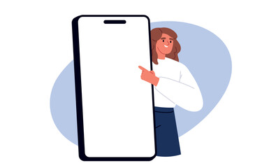 Connection concept. Man and woman use phone. Happy people holding mobile for advertisement. Vector promotional smartphone illustration