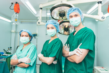 Portrait images, A team of Asian doctors, male and female surgeons Standing in the operating room. to medical health care and surgery concept