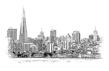 San Francisco Skyline Financial District, California, USA, ink sketch illustration.