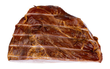 Top view of a perfectly cooked ham isolated on a white background.