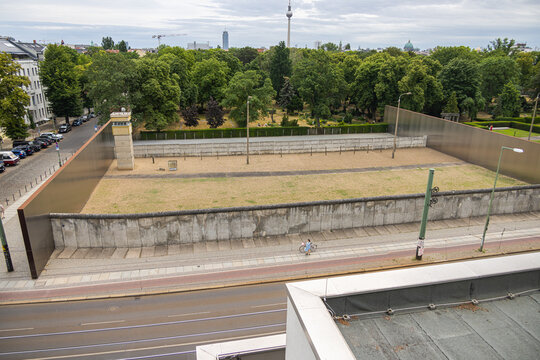 Berlin, Germany - June 29, 2022: The Berlin Wall Memorial in the Bernauer Strasse. The memorial includes a 60 meter original border. View of the former death strip from the vantage point