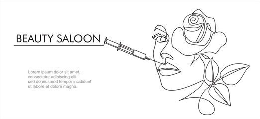 Continuous line beauty surgery concept. One line female portrait. One line syringe, lip filters, Beauty saloon.