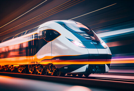 A high speed  train with Hologram Lighting . (ai technology)