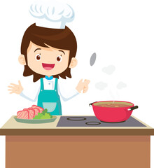 Cooking children girl Little kid making delicious food professional chef