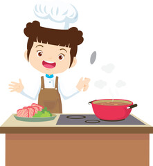Cooking children girl Little kid making delicious food professional chef
