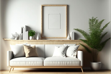 Mock up frame in home interior background, beige room with natural wooden furniture, Scandinavian style, front view. Generative AI