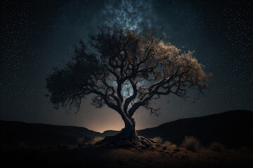Fototapeta na wymiar night starry sky between dark tree silhouette. Front view. Generative AI