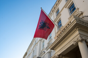 London- Albanian flag on embassy of the Republic of Albania Consular and Visa Office
