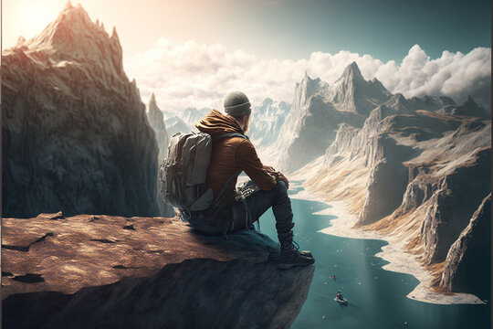 Young traveler sits on a rock that overhangs the abyss, with a beautiful landscape. back view. Generative AI