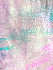 Pink and blue abstract background in oil paint with holographic sequins, flakes and glitter. Macro photo of part of the painting.