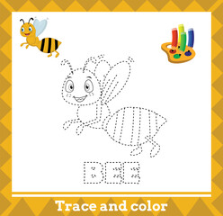 Trace and color for kids, bee vector kids activity page