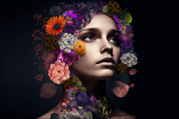 Generative AI. Abstract art collage of young woman with flowers. close up