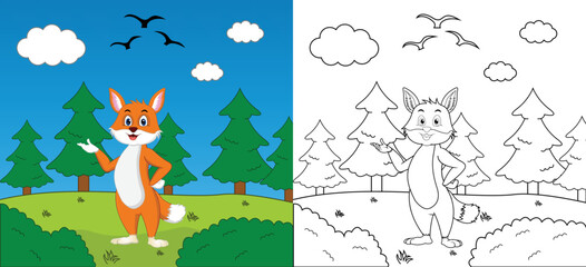 Obraz na płótnie Canvas Cute cartoon fox coloring page with line art, kids activity page vector illustration