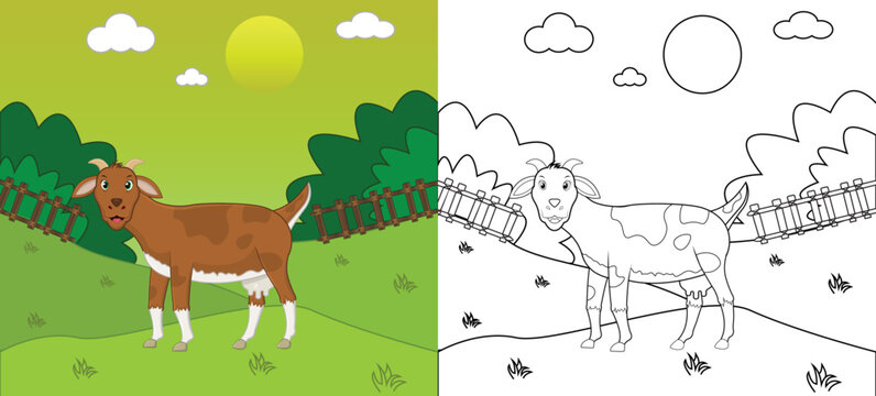 Cute cartoon goat coloring page with line art, kids activity page vector illustration