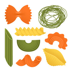 Yellow, green, orange colors macaroni set. Vector illustration flat icons of dry Italian macaroni of various kinds, pasta, fusilli, conchiglio, rigatoni, farfalle, penne isolated on white background