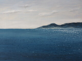 Oil painting with sea and mountains. Travel and leisure with a sea cruise