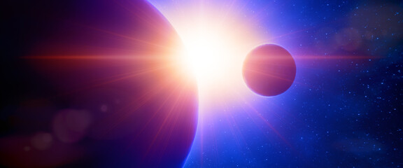 Close view of two planets in space illuminated by a solar lens flare appearing from behind in the distance. Fantasy and science fiction scene in vibrant reddish and blue tones. 3D Rendering © Martín Férriz