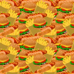 fiery hot fast food. hot dog, hamburger, french fries. mountain of food