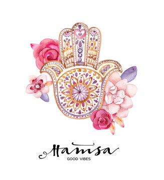 Indian hand drawn hamsa hand with ethnic ornaments and watercolor  flowers on the white background.