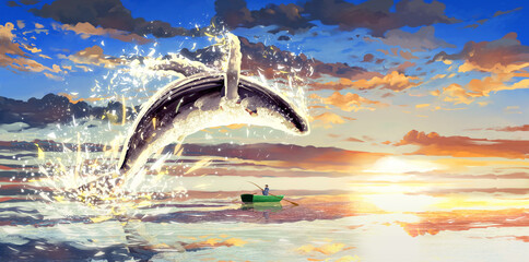 Giant whale jumping over small fishing boat in beautiful sunset ocean landscape Illustration - 558947380
