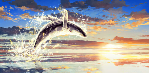 Giant whale jumping out of beautiful sunset ocean Illustration - 558947799