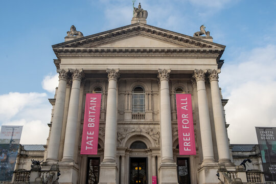 London- Exterior of the Tate Britain museum on Millbank, London. Prominent museum housing British art