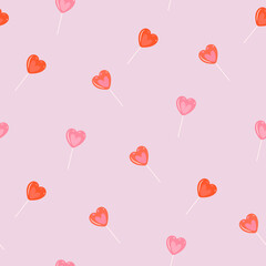 Plakat Seamless pattern with red and pink lollipop hearts. Vector graphics.