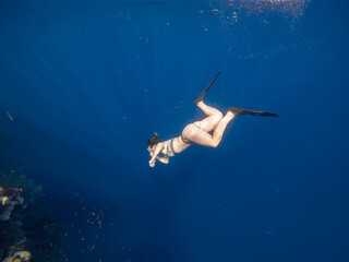 Fototapeta na wymiar A beautiful girl swims underwater. Girl in swimsuit. Blue water. Coral reef. Diver girl.