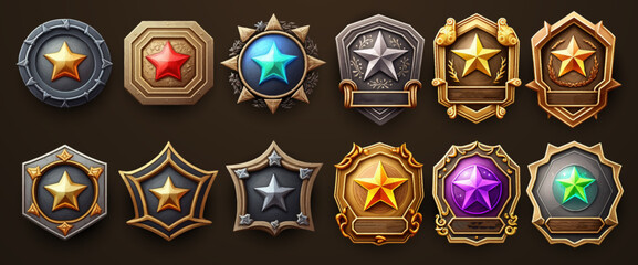 Precious stones in gold and silver frames in medieval style badges with star and fantasy frame for game gui ui design. Vector illustration - obrazy, fototapety, plakaty
