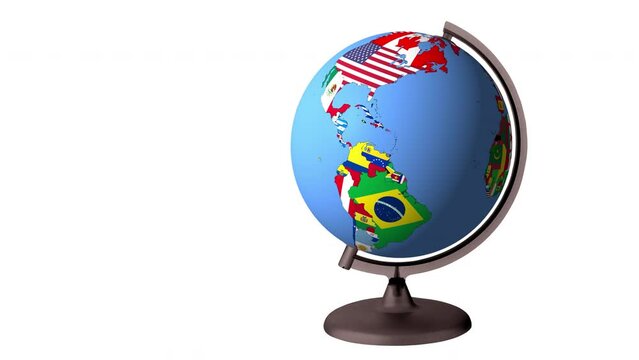 3d animation of the earth globe rotating with flags of the world. Planet earth model spinning on base isolated on white background.Alpha channel.3d rendering.