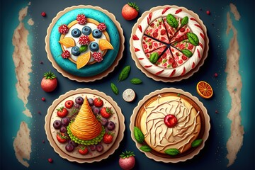 Fototapeta premium a set of four cakes with fruit on them and a pie on the top of the cake is decorated with leaves and berries and a pie is surrounded by other fruit and berries and a piece of paper