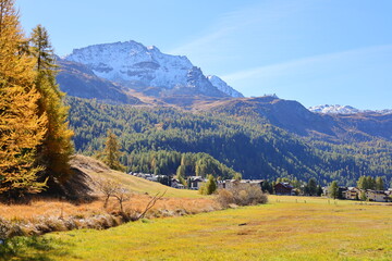View on a valley in the Upper-Engadine valley of Grisons in Switzerland