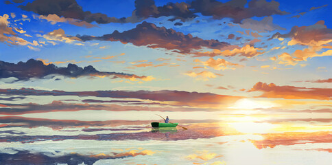 Small fishing boat in beautiful sunset ocean landscape Illustration - Middle