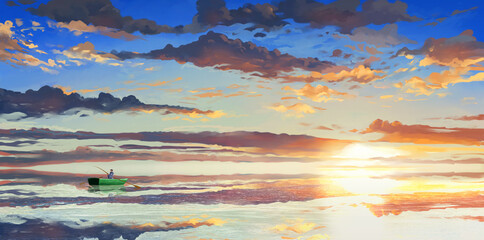 Small fishing boat in beautiful sunset ocean landscape Illustration - Left side - 558948768