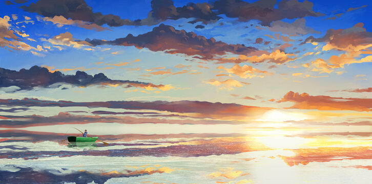 Small fishing boat in beautiful sunset ocean landscape Illustration - Left side