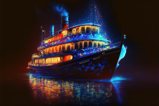 a painting of a cruise ship with a lot of lights on it's side and a smoke stack sticking out of the top of it's top of the boat.