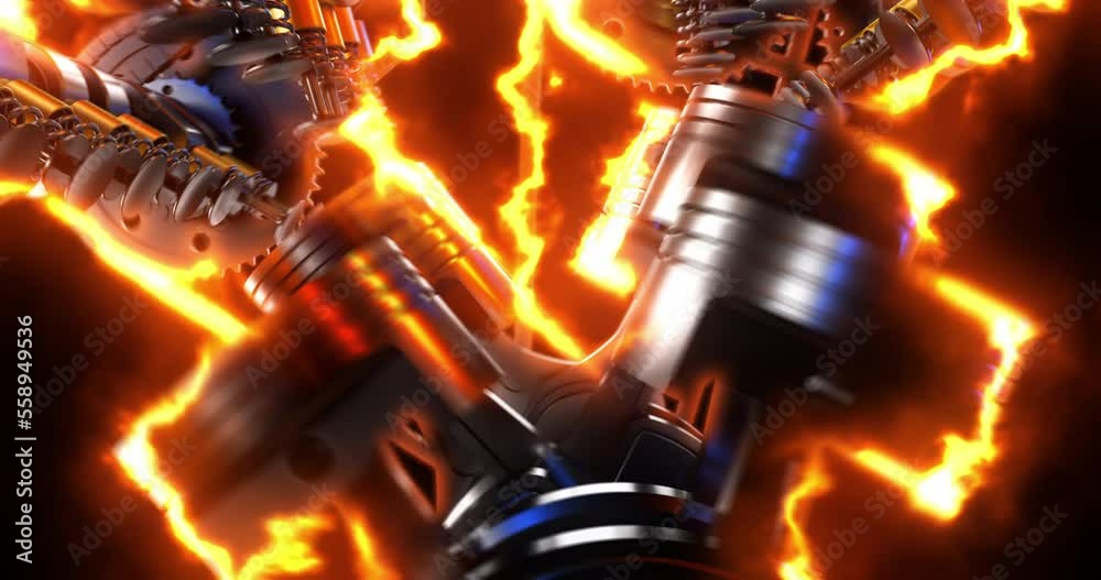 Aufkleber Powerful V8 engine generating power at high speed. Flames and explosions everywhere. Camera moving around. Perfect loop.