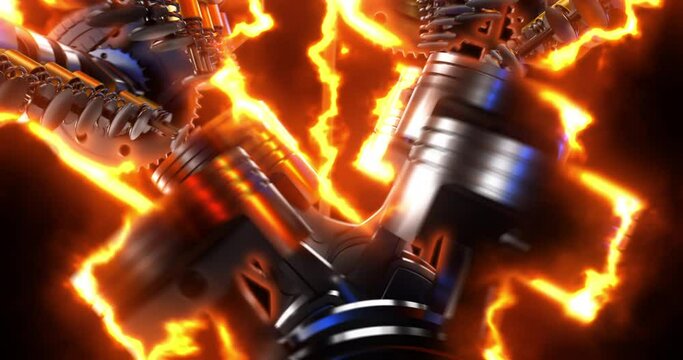 Powerful V8 engine generating power at high speed. Flames and explosions everywhere. Camera moving around. Perfect loop.