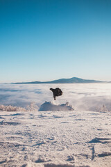 Energetic boy in winter clothes jumping from a stump into the fresh snow with a view of the sunrise and clouds rolling along the mountains. Beskydy mountains, Czech Republic