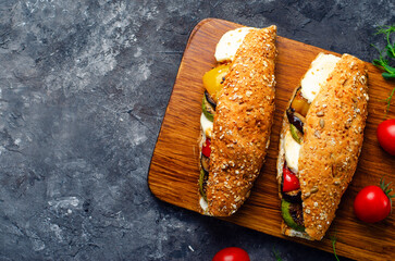 Grilled Vegetables and Mozzarella Cheese Sandwiches, Panini, Delicious breakfast or snack, Dieting, Copy Space