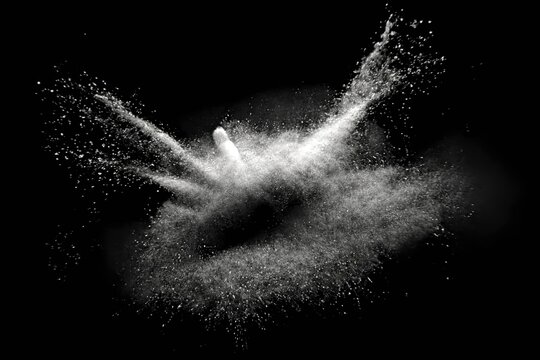 Explosion of white dust powder and particles on black background asset and mask for mattepainting and vfx