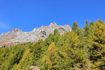 View on a valley in the Upper-Engadine valley of Grisons in Switzerland