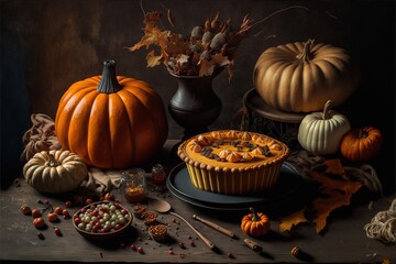 a painting of a pumpkin pie and other autumn decorations on a table with a bowl of candy and a pumpkin in the background with a pumpkin and other pumpkins