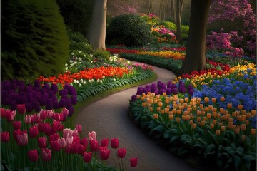 a pathway through a garden with lots of flowers on it and trees in the background and a path leading to the center of the garden with lots of flowers on the side of the path.