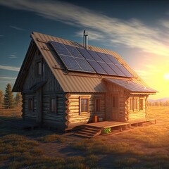 Obraz premium Computer generated art of a wooden house with solar panels in woods. Concept for green energy, renewable energy solution.