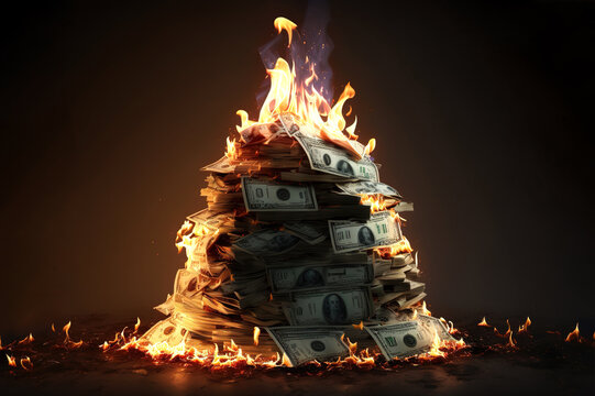 Inflation or burning money concept with pile of dollar bills on fire. Generative AI.