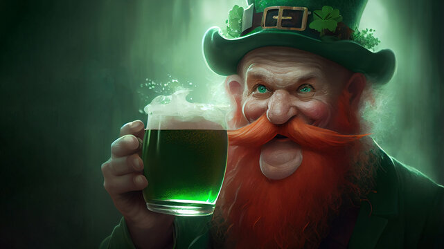 St. Patrick's Day leprechaun drinking green beer. Generative AI.
