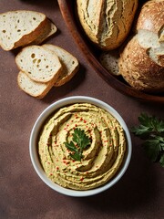 Hummus dip with chickpea and parsley in a traditional ceramic bowl on wood surface with toasted bread slices and olive oil on wooden board. Added spices.